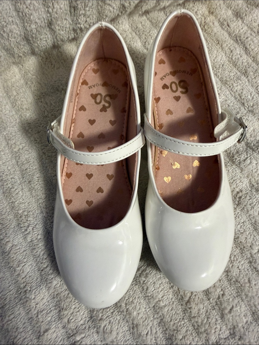SO White Patent Mary Jane Dress Shoes with Pink Heart Insole